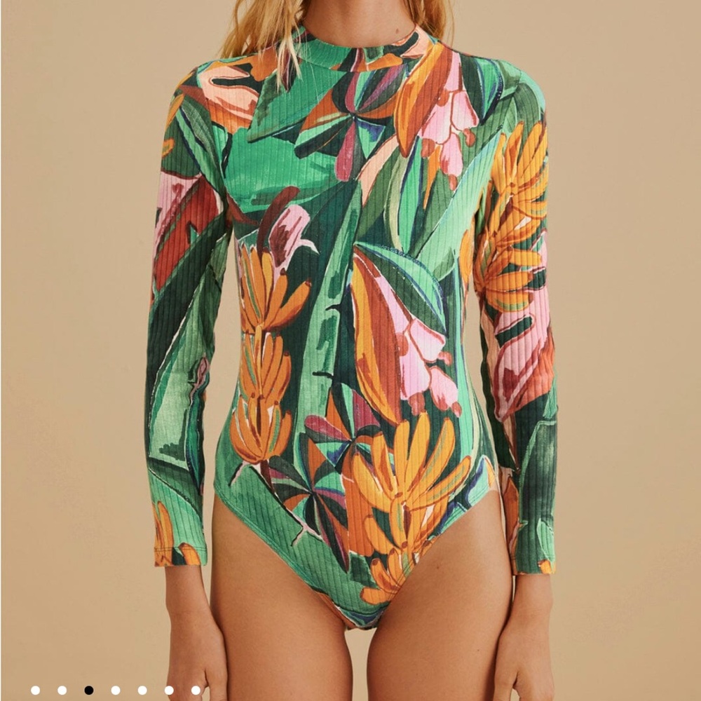 Sold Farm rio organic body suit jungle green and pink color Medium